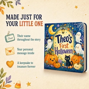 Puede incluir: Un libro infantil personalizado titulado Theo's First Halloween con una portada azul oscuro que muestra una luna creciente, fantasmas, calabazas y un gato negro. El texto dice Made Just For Your Little One y Theo's First Halloween.