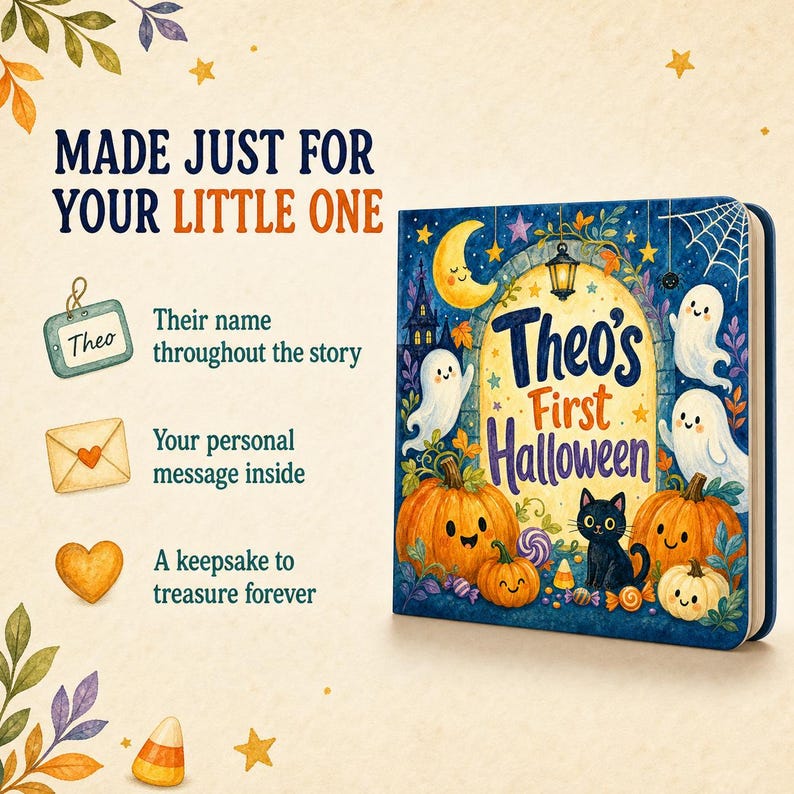 Puede incluir: Un libro infantil personalizado titulado Theo's First Halloween con una portada azul oscuro que muestra una luna creciente, fantasmas, calabazas y un gato negro. El texto dice Made Just For Your Little One y Theo's First Halloween.