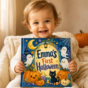 Puede incluir: Un libro infantil de tapa dura titulado Emma's First Halloween que presenta un fondo de cielo nocturno azul oscuro con una luna creciente amarilla, una linterna colgante, fantasmas blancos, calabazas naranjas y un gato negro.