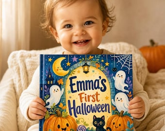 Puede incluir: Un libro infantil de tapa dura titulado Emma's First Halloween que presenta un fondo de cielo nocturno azul oscuro con una luna creciente amarilla, una linterna colgante, fantasmas blancos, calabazas naranjas y un gato negro.