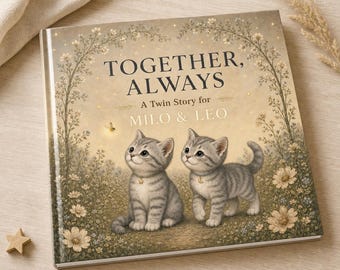 Puede incluir: Un libro de tapa dura titulado Together, Always: A Twin Story for Milo & Leo. La portada muestra dos gatitos atigrados grises en un campo de flores bajo un arco de ramas, con un dije de estrella y uno de luna en sus collares.
