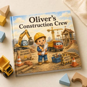 Op de afbeelding: Een hardcover kinderboek getiteld Oliver's Construction Crew met een cartoonillustratie van een kind met een gele helm en oranje veiligheidsvest dat blauwdrukken vasthoudt, omringd door bouwvoertuigen, gereedschap en borden.