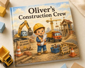 Puede incluir: Un libro infantil de tapa dura titulado Oliver's Construction Crew con una ilustración de dibujos animados de un niño con casco amarillo y chaleco naranja sosteniendo planos, rodeado de vehículos de construcción y herramientas.