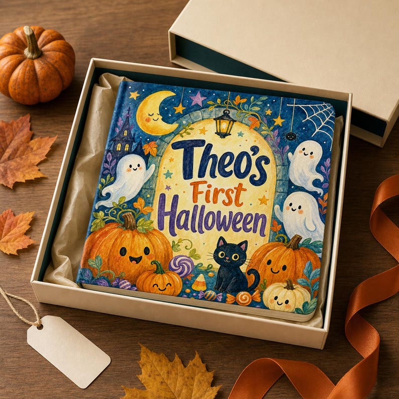 Puede incluir: Un libro de tapa dura cuadrado titulado Theo's First Halloween, con una colorida ilustraci&oacute;n de fantasmas, calabazas, un gato negro y una luna creciente, presentado dentro de una caja de regalo beige con papel de seda y una etiqueta.