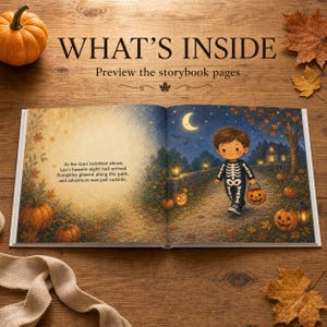 Puede incluir: Un libro de cuentos infantil abierto con una ilustraci&oacute;n de un ni&ntilde;o con disfraz de esqueleto caminando por un sendero nocturno con calabazas brillantes, una luna creciente y el texto: As the stars twinkled above, Leo's favorite night had arrived.