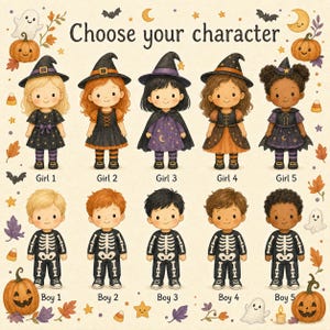 Puede incluir: Una ilustraci&oacute;n digital titulada Choose your character que muestra diez figuras de dibujos animados dispuestas en dos filas. La fila superior muestra cinco ni&ntilde;as con disfraces de bruja, mientras que la fila inferior muestra cinco figuras con disfraces de esqueleto.