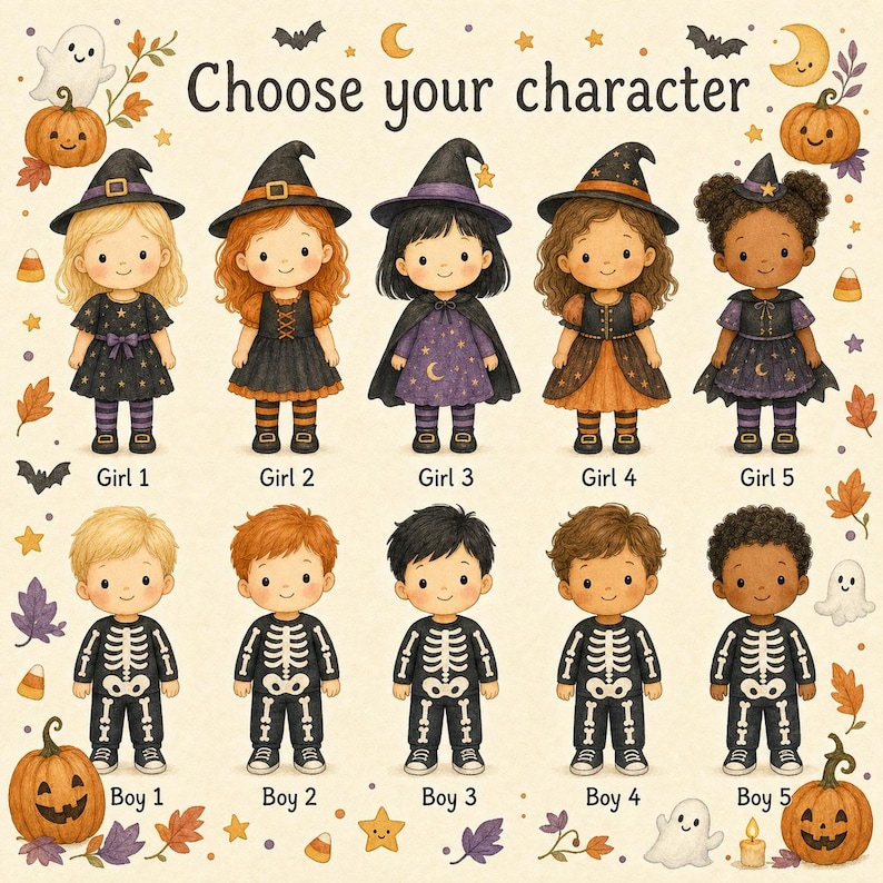 Puede incluir: Una ilustraci&oacute;n digital titulada Choose your character que muestra diez figuras de dibujos animados dispuestas en dos filas. La fila superior muestra cinco ni&ntilde;as con disfraces de bruja, mientras que la fila inferior muestra cinco figuras con disfraces de esqueleto.