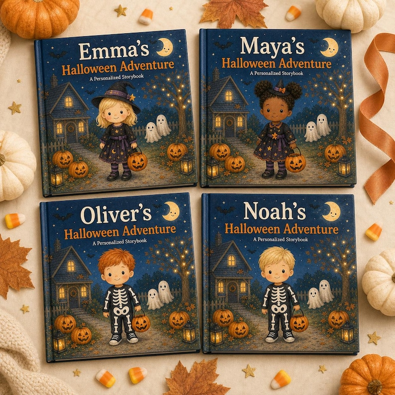 Puede incluir: Cuatro libros de tapa dura titulados Emma's, Maya's, Oliver's y Noah's Halloween Adventure. Cada portada azul oscuro muestra a un ni&ntilde;o disfrazado, una casa, calabazas y fantasmas. El texto A Personalized Storybook aparece bajo el t&iacute;tulo.