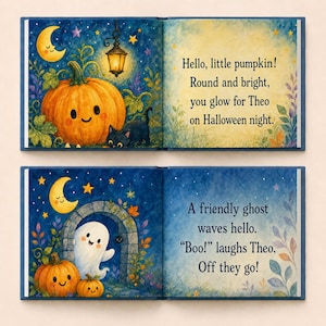 Puede incluir: Un libro infantil abierto con dos p&aacute;ginas que muestran ilustraciones en acuarela de una calabaza sonriente, un gato negro, una luna creciente y un fantasma. El texto dice: Hello, little pumpkin! Round and bright, you glow for Theo on Halloween night. A friendly ghost waves hello. Boo! laughs Theo. Off they go!