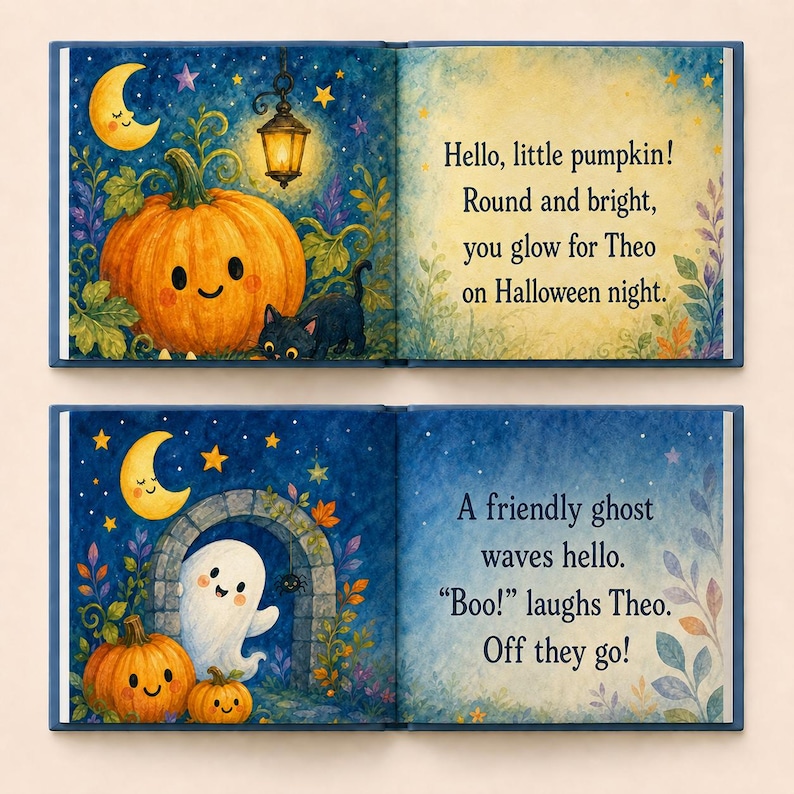 Puede incluir: Un libro infantil abierto con dos p&aacute;ginas que muestran ilustraciones en acuarela de una calabaza sonriente, un gato negro, una luna creciente y un fantasma. El texto dice: Hello, little pumpkin! Round and bright, you glow for Theo on Halloween night. A friendly ghost waves hello. Boo! laughs Theo. Off they go!