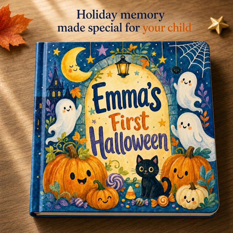 Puede incluir: Un libro de tapa dura cuadrado titulado Emma's First Halloween con un fondo de cielo nocturno azul oscuro. La portada presenta una luna creciente amarilla, una linterna colgante, dos fantasmas blancos, un gato negro y calabazas sonrientes.