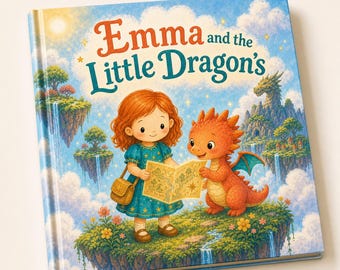 Puede incluir: Un libro infantil de tapa dura titulado Emma and the Little Dragon's con una ilustración de una niña pelirroja con vestido azul y un pequeño dragón naranja mirando un mapa en una isla flotante con cascadas y nubes de fondo.