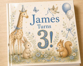 Puede incluir: Un libro de tapa dura cuadrado con una cubierta de color crema que presenta una jirafa con un sombrero de fiesta, un conejo y una ardilla. El texto dice James Turns 3! en azul. La ilustración incluye globos azules, un pájaro y flores.