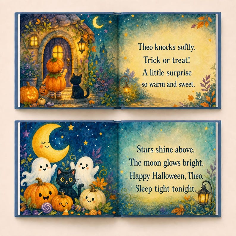 Puede incluir: Un libro infantil abierto en dos p&aacute;ginas con ilustraciones de Halloween. La primera p&aacute;gina muestra un personaje con cabeza de calabaza ante una puerta con un gato negro. La segunda muestra fantasmas, calabazas, un gato negro y una luna creciente.
