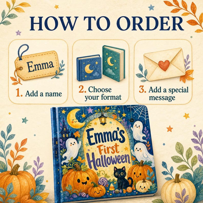 Puede incluir: Un gr&aacute;fico titulado HOW TO ORDER con tres pasos: 1. A&ntilde;adir un nombre en una etiqueta, 2. Elegir un formato entre dos libros, 3. A&ntilde;adir un mensaje en un sobre. Debajo, una portada de libro titulada Emma's First Halloween con fantasmas y calabazas.