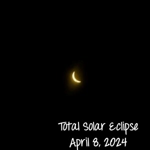 May include: A dark image featuring a crescent-shaped solar eclipse against a black background. The text "Total Solar Eclipse April 8, 2024" is written in white script below the eclipse. A floral logo is in the lower left corner.