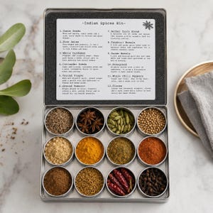 Indian Spice Kit with 12 Spices in Brushed Metal Case, Recipes Included, Gift Set, Gourmet Gift for him