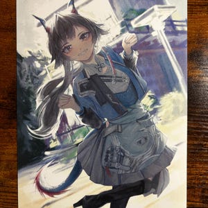 May include: A colorful anime-style illustration of a character with dark hair, cat ears, and a tail. The character is wearing a blue jacket, gray skirt, and black boots. The artwork has a dynamic pose and a cheerful expression.