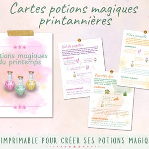 Puede incluir: Conjunto de tarjetas imprimibles con el texto "Cartes potions magiques printannières" y "Potions magiques du printemps". Las tarjetas presentan ilustraciones de botellas de pociones y recetas.