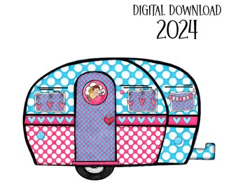 Camper Sublimation Design Png - Red and Pink Hearts Camper Template- Camping Valentines Png-Cupid Travel Trailer Camper earring