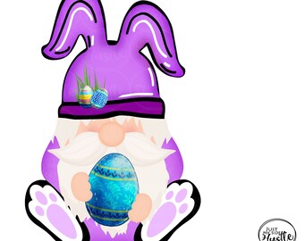 Purple Easter Bunny Gnome with Blue Egg  -Gnome with Bunny ears earring Sublimation Designs- Easter Rabbit Digital Download