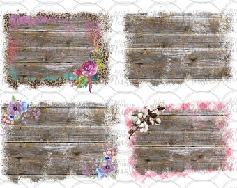 Set of 4 Rustic shabby Wood, Cotton, Gingham, floral Sublimation Design background, backsplash, PNG, Graphic, Clip Art, Digital Download