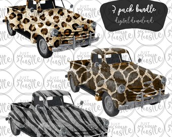 Set of 3 Bundle animal print patterned Leopard Giraffe Zebra Vintage Old Truck Sublimation Design PNG Graphic Clip Art Digital Download