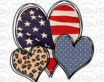 Red White & Blue Hearts Png - Patriotic and Leopard Heart Sublimation Designs- July 4 Independence Day Instant Digital Download