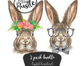 Mr & Mrs Bunny Png -Bunny with Bow Tie and Glasses Clipart- Cute Easter Bunnies Sublimation Designs- Easter Bunny Bundle Digital Download