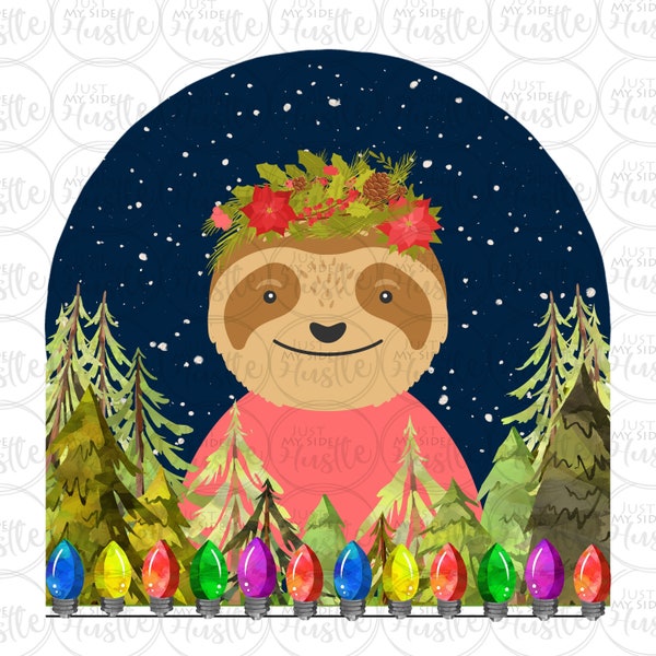 Winter Cute Sloth Night Sky Round Frame Christmas xmas trees Sublimation Design PNG Graphic ClipArt Digital download design element print