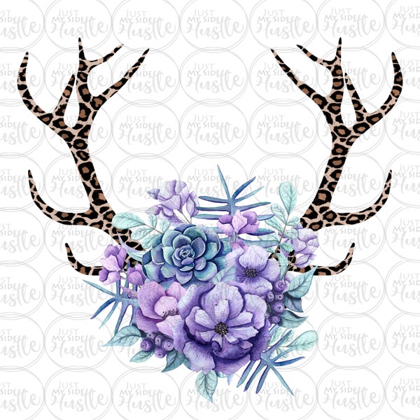 Leopard Antler Floral Sublimation Design - Antler with Flowers PNG Graphic ClipArt - Succulent Instant Digital Download Design