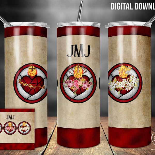 JMJ - Jesus Mary Joseph 20 oz Skinny Tumbler Sublimating Png -Sacred Heart Cup Sublimation Wrap -Catholic Instant Digital Download