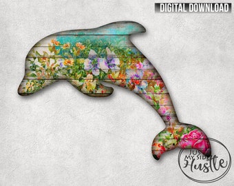 Floral Dolphin Png Door hanger Template- Beach Summer Sublimation Designs Earring Blank- Dolphin Wreath hanger Instant Digital Download