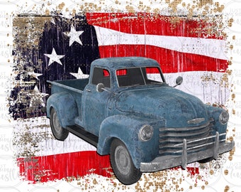 Old Truck with Flag Png- American Flag Sublimation Designs-Red White and Blue Sublimation Download- USA Instant Digital Download Clipart