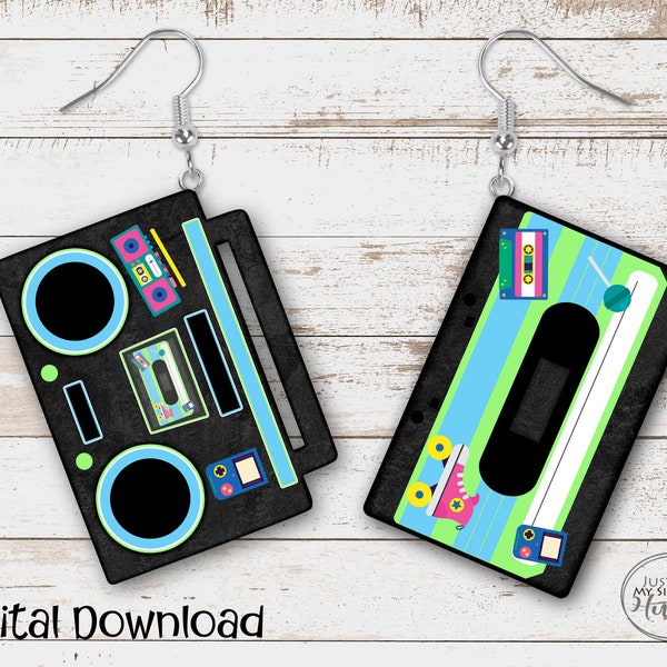 Retro 80 90 Tape Cassette and Boom Box Png Sublimation Design Earring Template