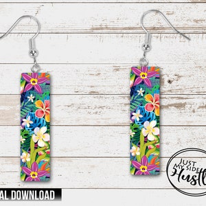 Tropical Flowers Earring Sublimation Designs Png Summer Flowers Rectangle Earring Template Instant Digital Download image 1