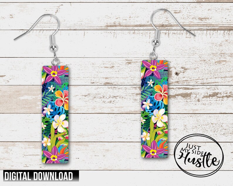 Tropical Flowers Earring Sublimation Designs Png Summer Flowers Rectangle Earring Template Instant Digital Download image 1