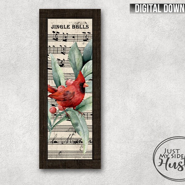 Retro Cardinal with music Wooden Framed 15 x 5 Templates- Jingle Bells Sublimation Designs Png - Vintage Christmas Digital Download Template