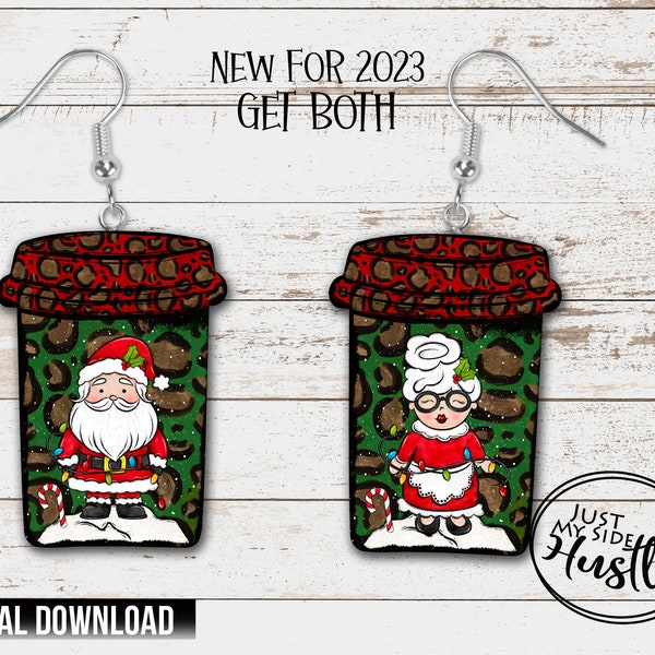 Santa and Wife Coffee Cup Sublimation Designs Png- Hot Cocoa To Go Cup Earring Template- Mr Mrs Claus Wall Hanger Template Digital Download