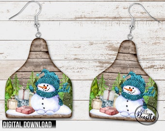 Cute Snowman Cattle Tag Sign Sublimation Designs Template- Snowman Cow Tag Earring Template -Christmas Ornament Template