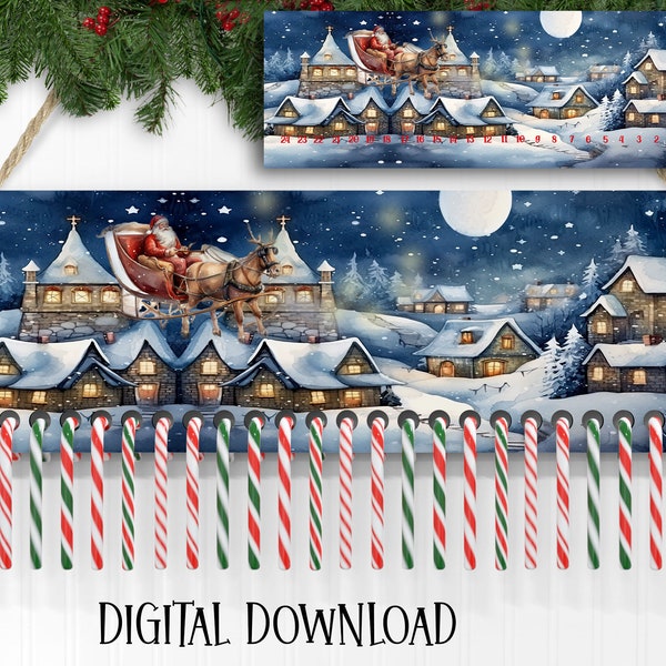 Vintage Santa Christmas Candy Cane Countdown PNG for Sublimation - Holiday Numbered Candy Cane Holder Digital Download