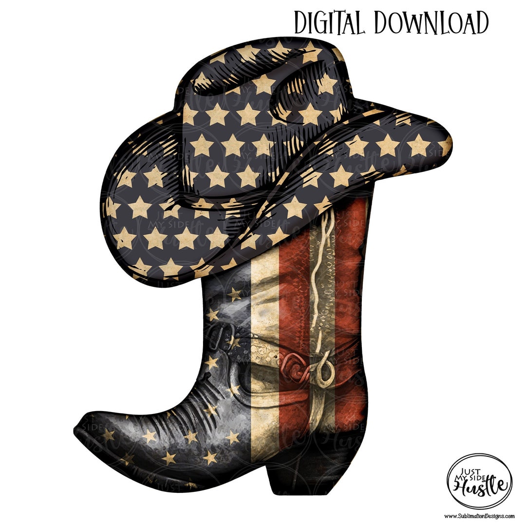USA Flag Cowboy Hat and Boot Png Red White Blue Cowgirl Sublimation