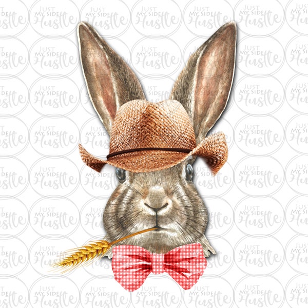 Country Bunny Png- Cute Farm Rabbit Sublimation Designs- Funny Bunny with Straw Hat and Bow Tie Digital Download- Sublimation Graphic