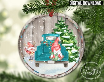 Winter Gnome in Truck Ornament Sublimation Designs Template- Christmas Holiday Png Round Wall Hanger Template -Xmas Sublimation Download