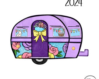 Easter Spring Camper Sublimation Design Png - Purple Camper Template- Camping with Bunny Png- Travel Trailer Camper earring