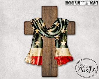 USA Cross png - Sublimation Designs Easter Cross Instant Digital Download - Cross with Flag Scarf Wall Hanger - Cross Earring Template