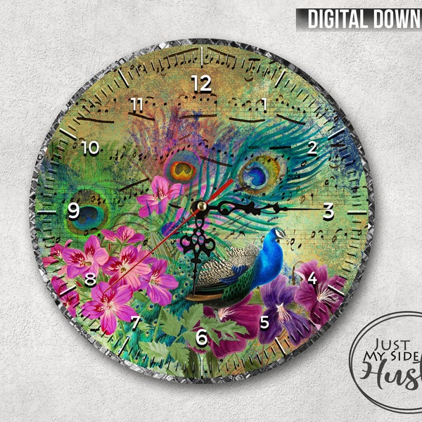 Paon avec des fleurs Clock Sublimation Designs Modèle Png Téléchargement numérique instantané - Belle conception d’horloge de sublimation d’oiseau