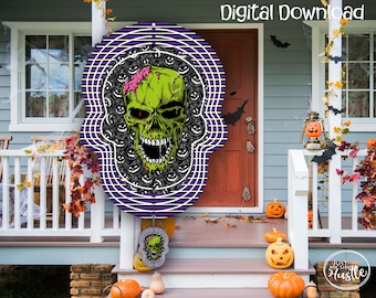 Halloween Skull Wind Spinner png - Scary Skull with Brains Sublimation Designs Wall Hanger -Spooky Halloween Digital Download