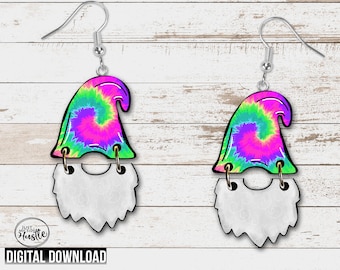 Tie Dye Gnome Hat and Beard Earring PNG - Colorful rainbow Gnome Sublimation Designs- Gnome Graphic Digital Download