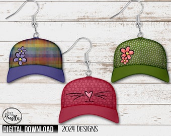 Spring Flower Baseball Cap Png- Easter Ball Cap Earring Template Sublimation Designs
